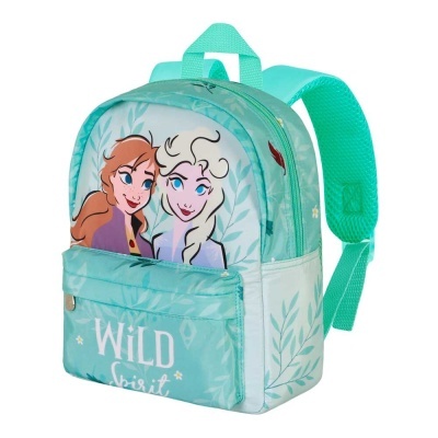 Mochila infantil verde-água com ilustração de Anna e Elsa e texto WILD Spirit