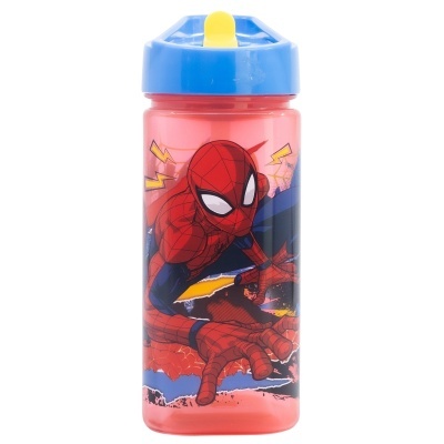 Garrafa vermelha com tampa azul e imagem do Homem-Aranha