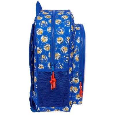 Mochila azul com padrão de personagem amarelo em círculos, bolsos laterais em rede e fechos vermelhos