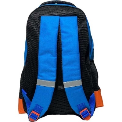 Mochila azul com alças acolchoadas e detalhes refletores, vista traseira