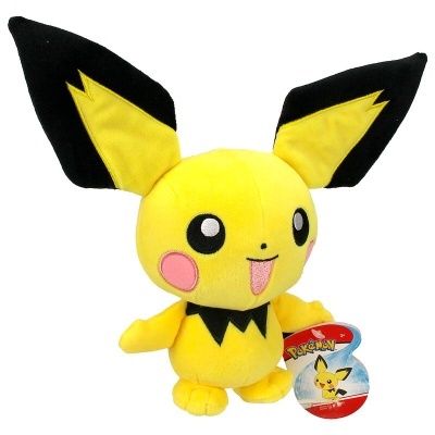 Pelúcia do personagem Pichu do Pokémon com etiquetas coloridas