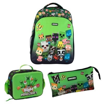Conjunto mochila, lancheira e estojo verdes com personagens Minecraft e texto 555... BOOM MINECRAFT