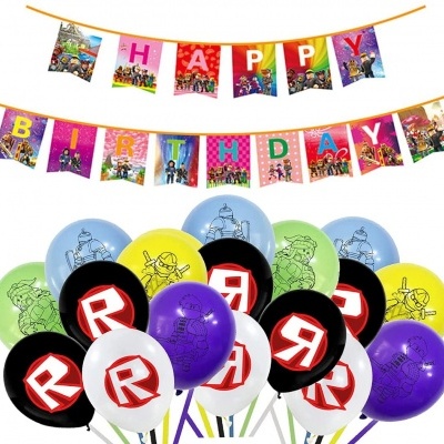 Decoração de festa temática Roblox com balões coloridos e faixas com 