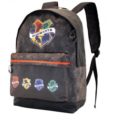 Mochila Hogwarts com brasões das casas em tecido preto e castanho