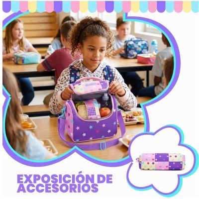 Mochila térmica roxa com estampas coloridas e texto de exposição