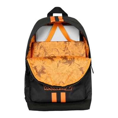 Mochila preta com interior laranja estampado e duas listras verticais laranja
