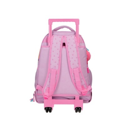 Mochila de rodinhas cor-de-rosa com alças almofadadas e padrão de corações