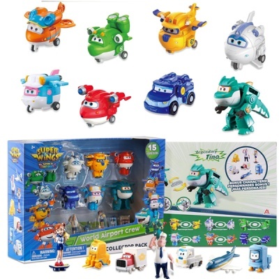 Brinquedos Super Wings com aviões coloridos, figuras humanas e embalagem azul com texto