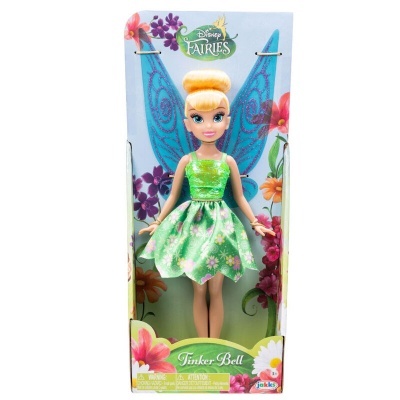 Boneca Tinker Bell Disney Fairies com vestido verde e asas azuis na caixa com flores