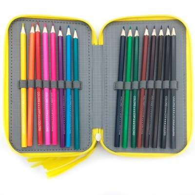 Estojo amarelo com lápis de cor em várias cores organizados em elásticos