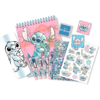 Material escolar com caderno, canetas, régua e autocolantes do Stitch em tons rosa e azul