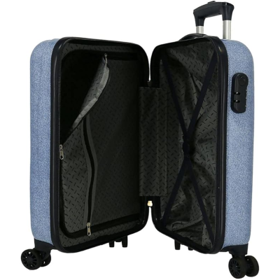 Mala azul claro aberta com interior cinza e rodas pretas