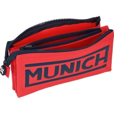 Estojo escolar vermelho com fechos de correr azuis e logo MUNICH