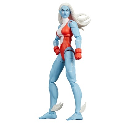Boneca action figure feminina com pele azul e roupa vermelha e branca