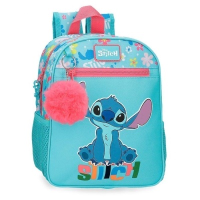 Mochila infantil azul com personagem Stitch e pompom rosa