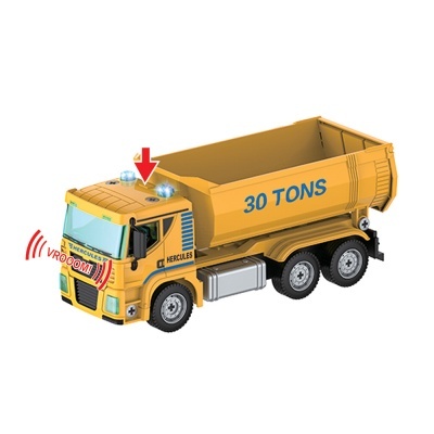 Camião de brinquedo basculante amarelo com texto '30 TONS' azul e luzes azuis
