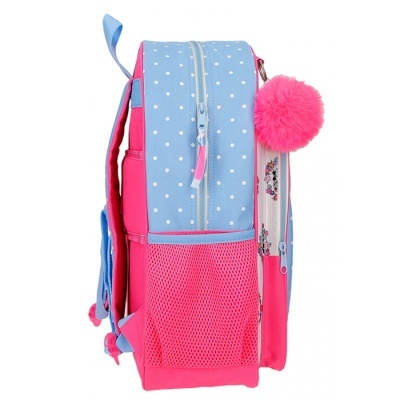 Mochila infantil azul e rosa com bolinhas e pompom rosa