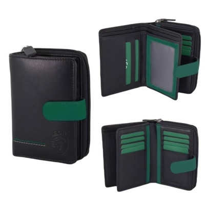 Carteira masculina em couro preto com fecho verde e múltiplos compartimentos internos