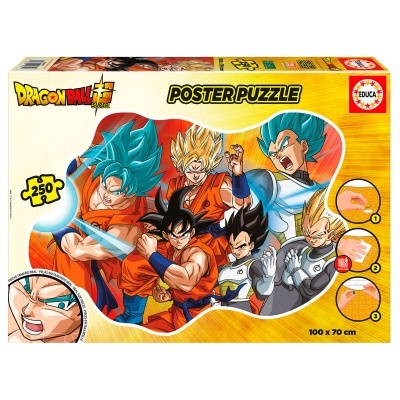 Caixa de puzzle Dragon Ball Super com 250 peças, ilustrada com personagens coloridos e marca Educa.