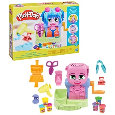 Conjunto Play-Doh com figura humana cor-de-rosa e acessórios coloridos, quatro potes de massa modeling e caixa amarela