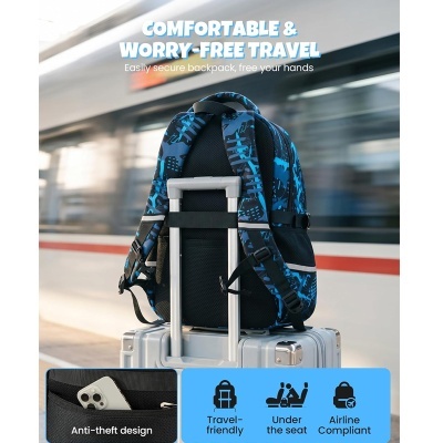 mochila azul e preta sobre mala cinza com texto promocional e ícones