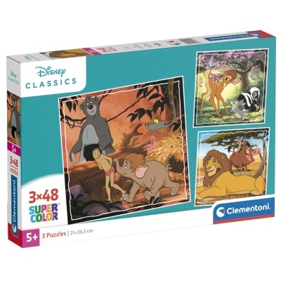Caixa de 3 puzzles Disney Classics Clementoni com imagens do Livro da Selva, Bambi e Rei Leão.