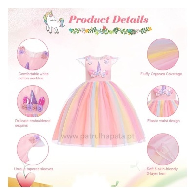 Vestido infantil rosa com organza colorida e detalhes bordados