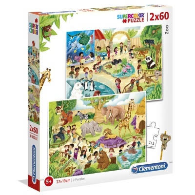 Embalagem puzzles zoológico Clementoni 2x60 peças com animais e crianças coloridos.