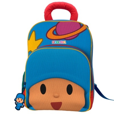 Mochila infantil azul com personagem Pocoyo e detalhes coloridos