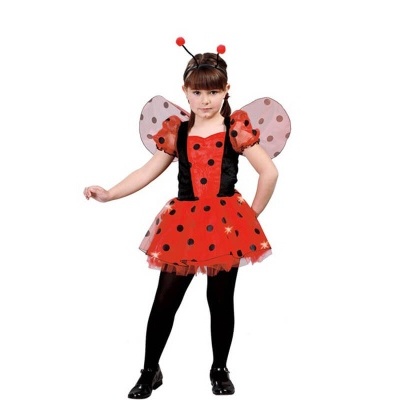 Criança vestida com fantasia de joaninha vermelha com bolinhas pretas e asas