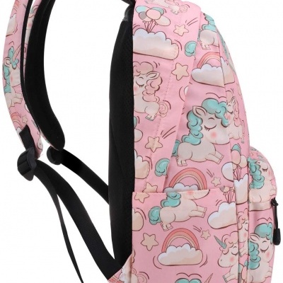 Mochila rosa com padrão de unicórnios, nuvens, estrelas e arco-íris