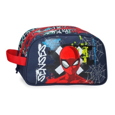 Bolsa azul escuro com estampa do Homem-Aranha, alça e fecho vermelhos