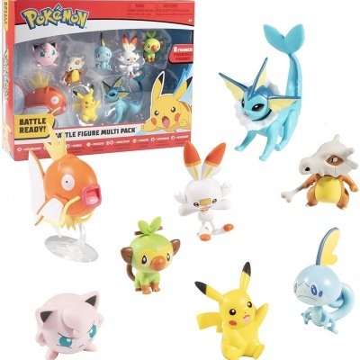 Conjunto de figuras Pokémon em plástico com embalagem e múltiplos personagens coloridos