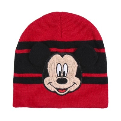 Gorro de malha vermelho e preto com rosto do Mickey Mouse em relevo