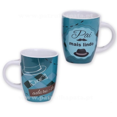 Duas canecas azuis com mensagens e imagens de chapéu e gravata