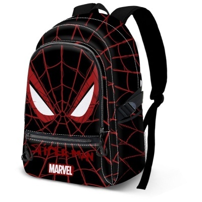 Mochila Spider-Man preta com padrão de teia vermelha e olhos brancos grandes