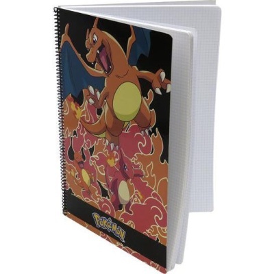 Caderno espiral com capa do personagem Charizard do Pokémon em cores quentes