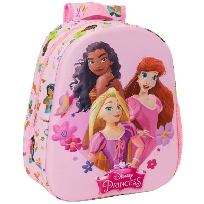 Mochila rosa com personagens Disney Princesas Moana, Ariel e Rapunzel e flores coloridas