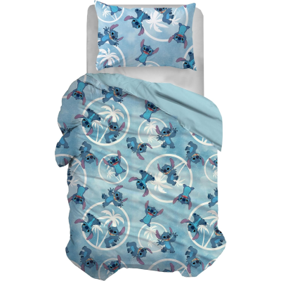 Conjunto de roupa de cama azul com personagens azuis de desenho animado e elementos brancos.