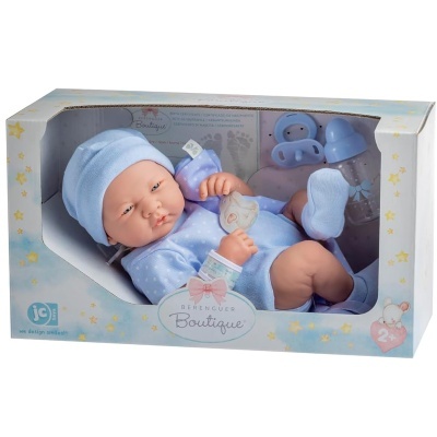 Boneco bebé azul da Berenguer Boutique em embalagem com acessórios azuis