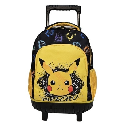 Mochila de rodas amarela e preta com desenho do Pikachu e texto PIKACHU