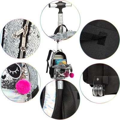 Mochila escolar com rodinhas e pega telescópica, tecido holográfico e lentejoulas prateadas