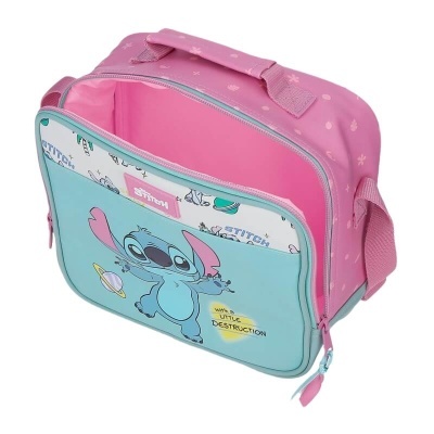 Mala infantil rosa e azul claro com personagem Stitch e texto