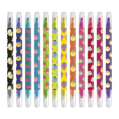 Conjunto de 12 canetas coloridas com ilustrações de frutas e legumes com rostos, cada caneta tem tampa translúcida.