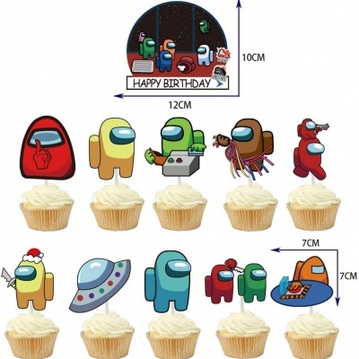 Toppers para cupcakes de personagens Among Us coloridos e placa HAPPY BIRTHDAY