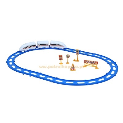 Conjunto de comboio de brinquedo com via azul e sinais de trânsito