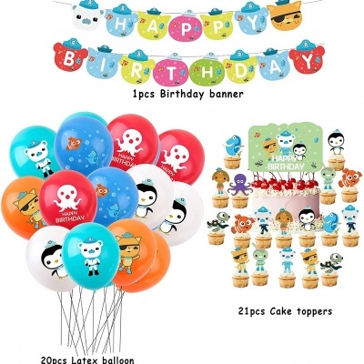 Conjunto de festa de aniversário com banner, balões coloridos com desenhos de animais e caveiras, e toppers de bolo com personagens divertidos.