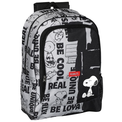 Mochila cinza e preta com imagens do Snoopy e textos em maiúsculas, mochila Peanuts