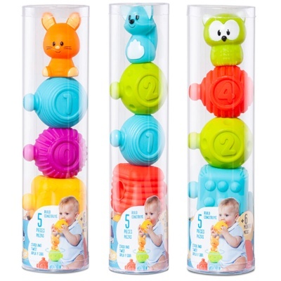 Brinquedos empilháveis para bebés coloridos em embalagens cilíndricas transparentes com figuras de animais e números