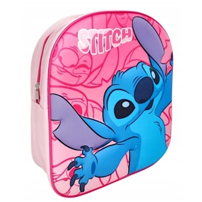 Mochila pequena rosa com estampa do Stitch azul e texto STITCH